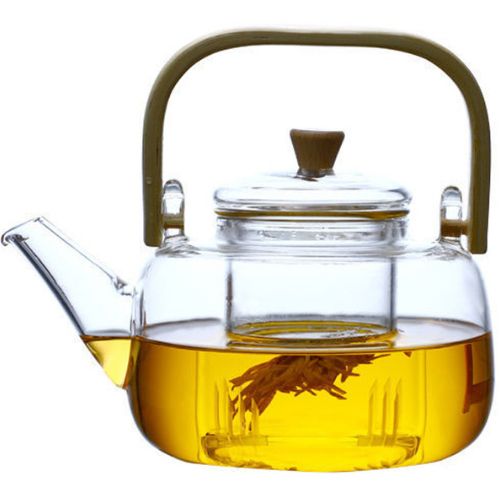 Glass Teapot Coffee Kettle 1000ml With Glass Infuser, Bamboo Handle Tea Pot