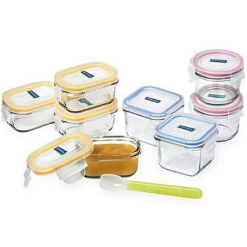 Glasslock 9 Piece Baby Food Container Set with Silicone Spoon | Microwave & Dishwasher Safe