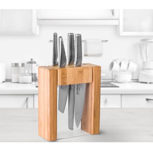 Global Ikasu V 5 Piece Knife Block Set, Made in Japan, Bamboo Storage Block
