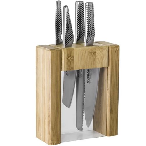 Global Ikasu V 5 Piece Knife Block Set, Made in Japan, Bamboo Storage Block