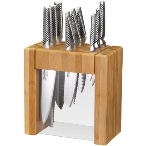 Global Ikasu X 10 Piece Knife Block Set, Made in Japan, Bamboo Storage Block