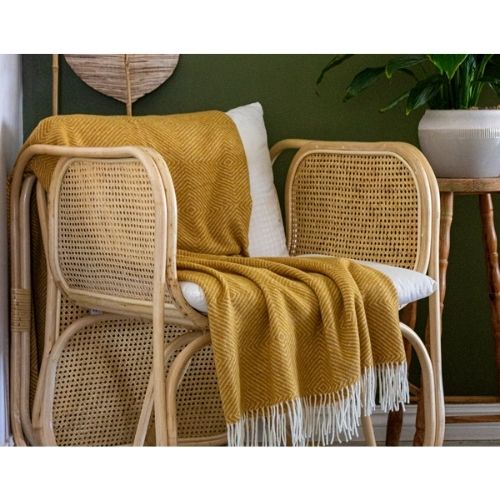 Hampton Throw Merino Wool Blend Soft Warm Blanket For Couch Sofa Bed - Mustard