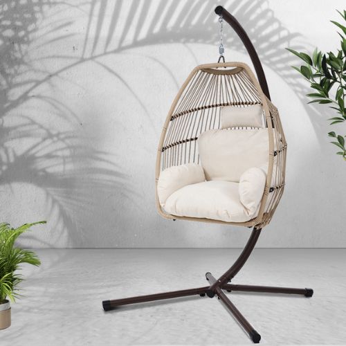 Hanging Swing Chair Egg Outdoor Furniture Wicker Rattan Hammock W/ Stand - Latte