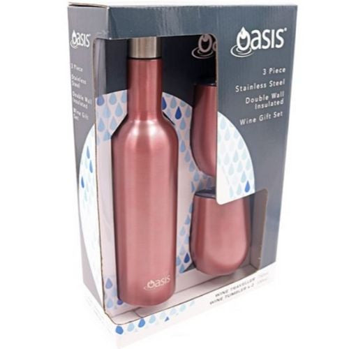 Insulated Wine Traveller 3 Piece Double Wall Stainless Steel Oasis Gift Set Rose