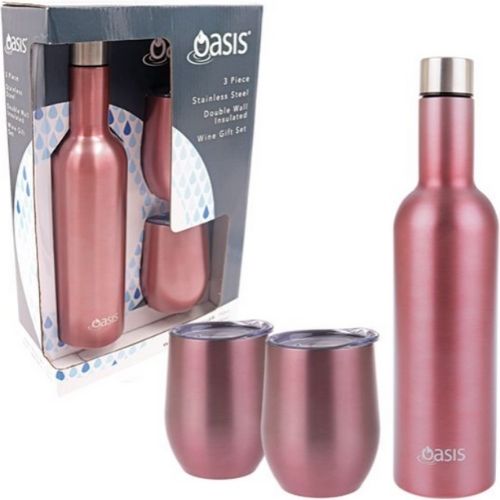 Insulated Wine Traveller 3 Piece Double Wall Stainless Steel Oasis Gift Set Rose