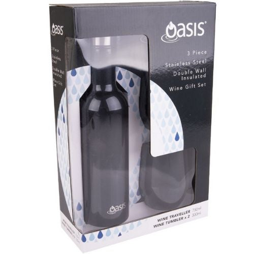 Insulated Wine Traveller 3pc Double Wall Stainless Steel Oasis Gift Set Midnight