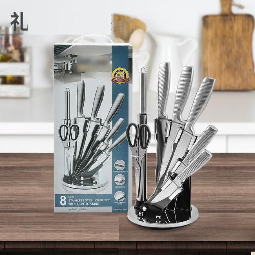 Kitchen Knife Set with Block, 8pcs Stainless Steel Chef Knives Set w/ Sharpener