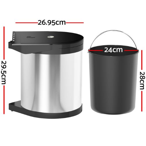 Kitchen Swing Pull Out Bin Stainless Steel Garbage Rubbish Can 12L - Silver