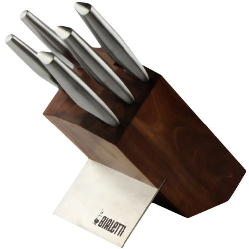 Knife Block Set 6 Piece Bialetti Acacia Stainless Steel Handle, Kitchen Knives