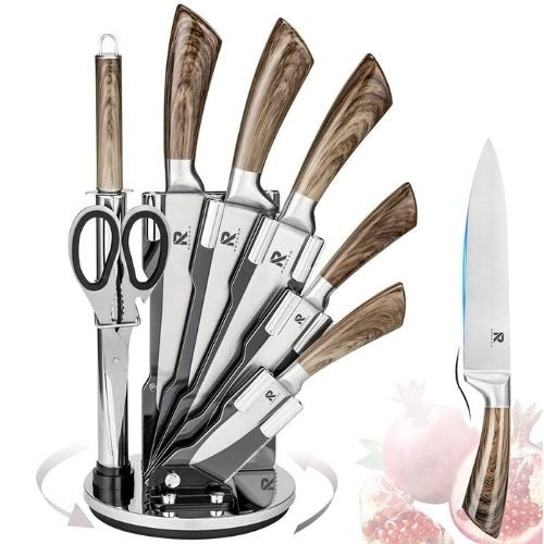 Knife Block Set 8 Stainless Steel Kitchen Knives with Wooden Color Handle