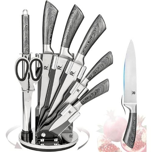 Knife Block Set Kitchen Stainless Steel Knives 8 Piece with Wooden Color Handle