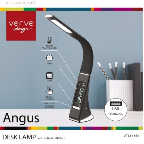 LED Desk Lamp With USB Charging Port & LCD Display Verve Design Black Angus