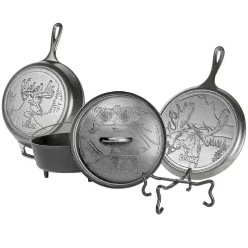 Lodge Wildlife Cast Iron Pots & Pans 5-Pieces Cookware Set for Outdoor Camping