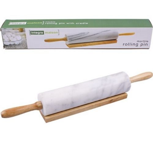 Marble Rolling Pin With Wooden Base Cradle For Pastries And Dough - Grey