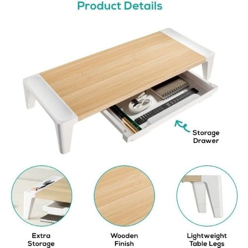 Monitor Stand Riser Computer Desk Organiser with Storage Drawer - White Oak