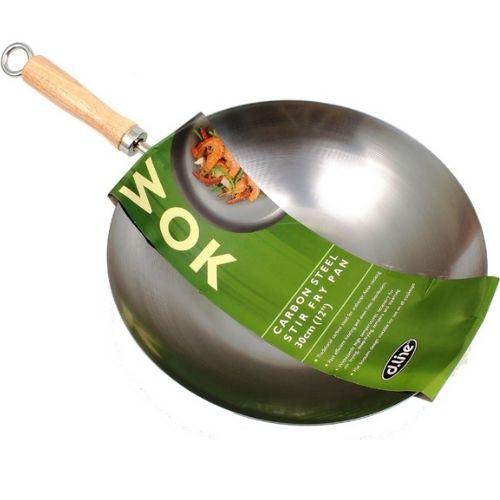 Stir Fry Pan Carbon Steel, Wood Handle Chinese Wok 30cm D.Line Professional