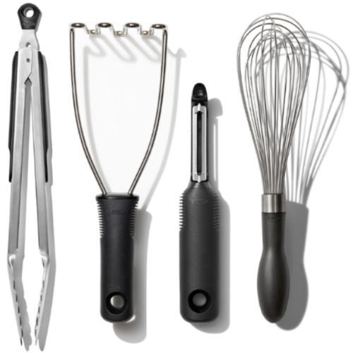 OXO Good Grips 4pc Kitchen Essential Tool Set 4 Piece | Masher Peeler Whisk Tongs