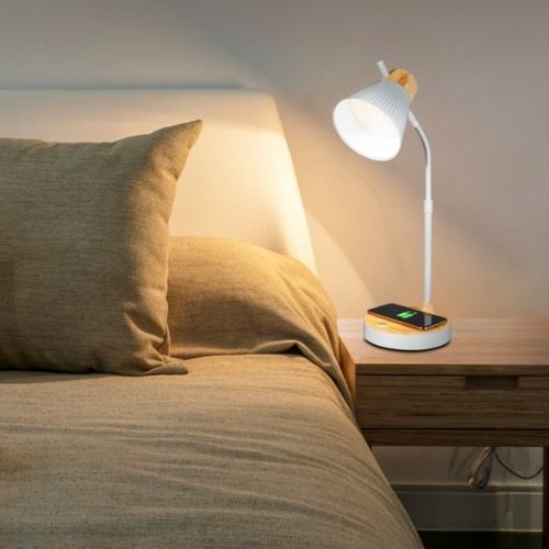 OttLite Desk Lamp Wood Grain Study Reading Table Light with Charging Pad - White