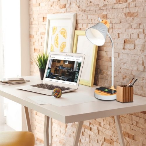 OttLite Desk Lamp Wood Grain Study Reading Table Light with Charging Pad - White