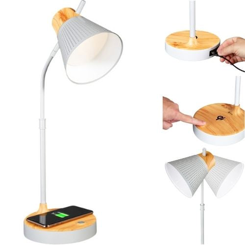 OttLite Desk Lamp Wood Grain Study Reading Table Light with Charging Pad - White