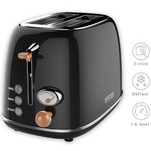 PHILEX 2 Slice Toaster Retro Style w/ Defrost, Reheat & Cancel Functions - Black