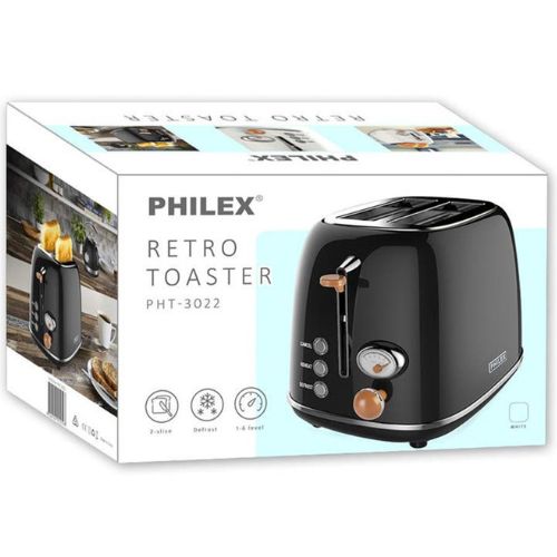 PHILEX 2 Slice Toaster Retro Style w/ Defrost, Reheat & Cancel Functions - Black