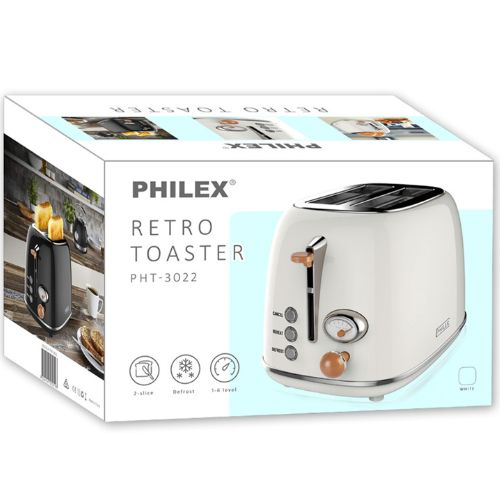 PHILEX 2 Slice Toaster Retro Style w/ Defrost, Reheat & Cancel Functions - White