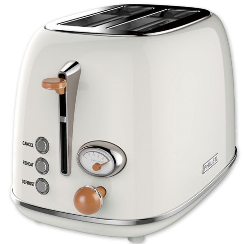 PHILEX 2 Slice Toaster Retro Style w/ Defrost, Reheat & Cancel Functions - White