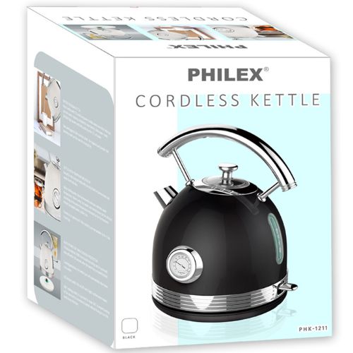 PHILEX Electric Kettle Stainless Steel Cordless Water Boiler Retro 1.7L - Black