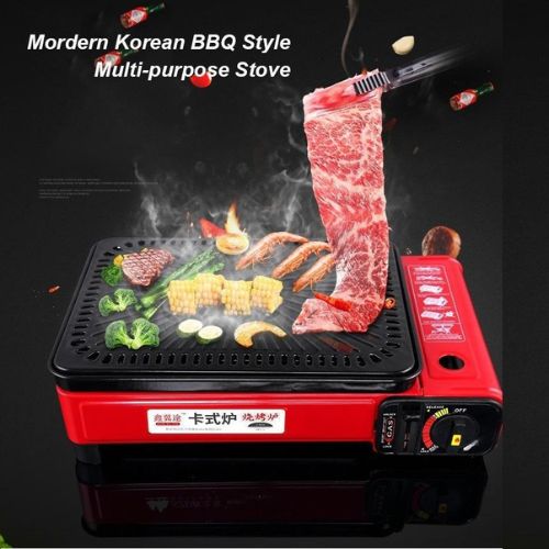 Portable Butane Camping Grill, Tabletop Gas BBQ Cooker W/ Non Stick Plate, Black