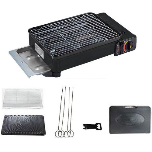 Portable Butane Camping Grill, Tabletop Gas BBQ Cooker W/ Non Stick Plate, Black