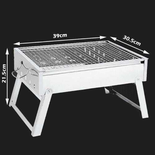 Portable Charcoal BBQ Grill Stainless Steel Barbecue Smoker Camping Grill Silver