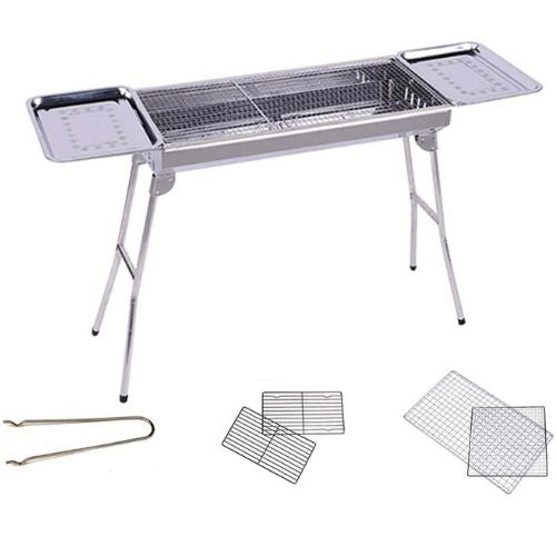 Portable Stainless Steel BBQ Skewer Charcoal Grill Outdoor Barbecue w/ Side Tray