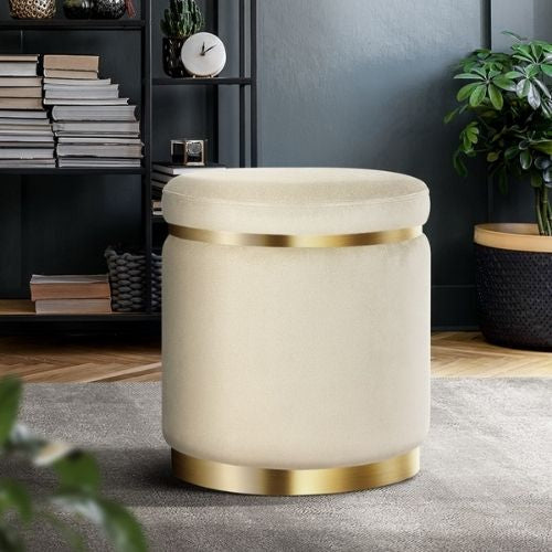 Round Velvet Ottoman Foot Stool Foot Rest Pouffe Pouf Padded Seat Bedroom, Cream