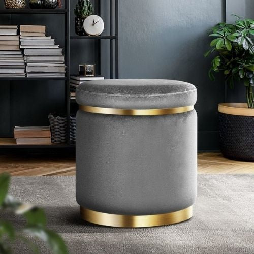 Round Velvet Ottoman Foot Stool Padded Seat Bedroom Footrest - Charcoal Grey
