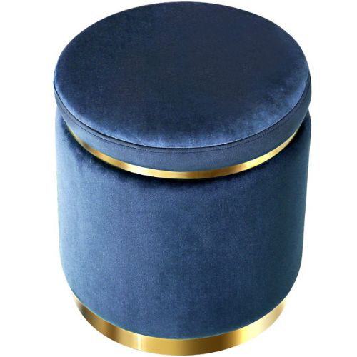 Round Velvet Ottoman Foot Stool Pouffe Pouf Padded Seat Bedroom Footstool - Navy