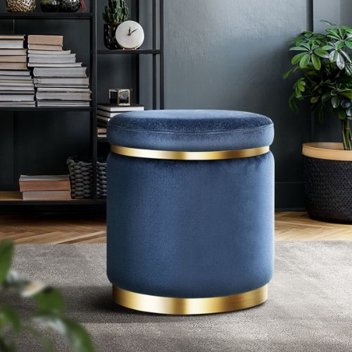 Round Velvet Ottoman Foot Stool Pouffe Pouf Padded Seat Bedroom Footstool - Navy