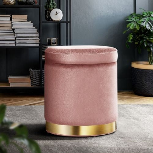 Round Velvet Storage Ottoman Foot Rest Stool Pouffe Padded Seat Bedroom - Pink