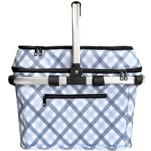 Sachi Insulated Picnic Basket 4 Person Baskets Cooler Storage, Gingham Blue/Grey