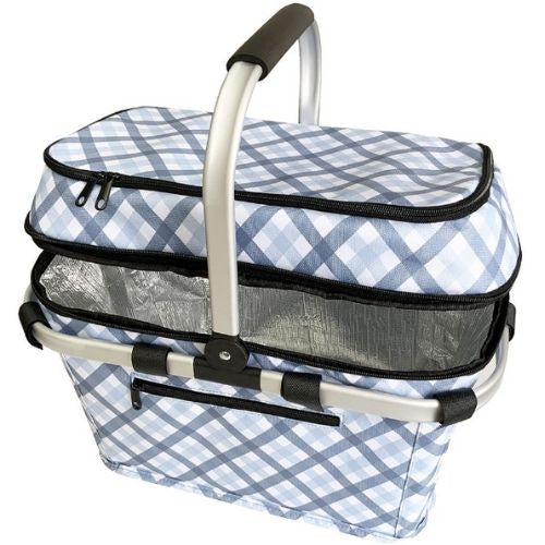 Sachi Insulated Picnic Basket 4 Person Baskets Cooler Storage, Gingham Blue/Grey