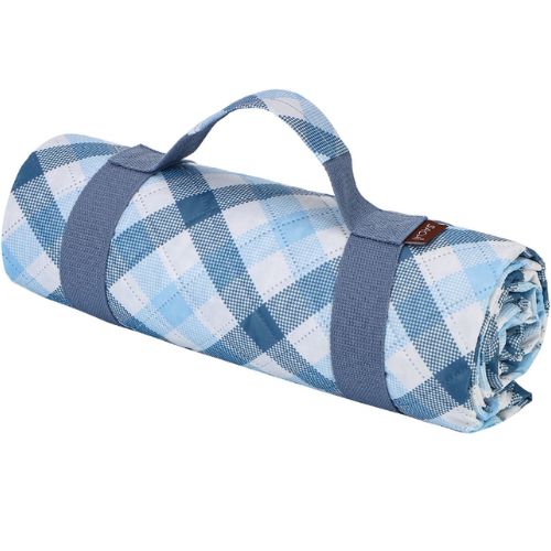 Sachi Reusable Picnic Rug Outdoor Blanket Mat w/ Carry Handle, Gingham Blue/Grey