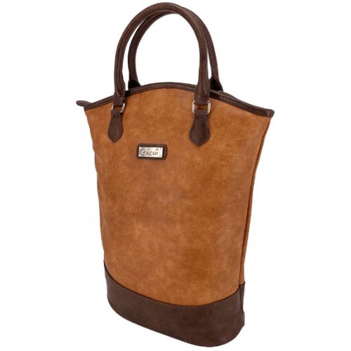 Sachi Two Bottle Wine Carrier Tote Insulated Bottle Cooler Bag, Faux Leather Tan
