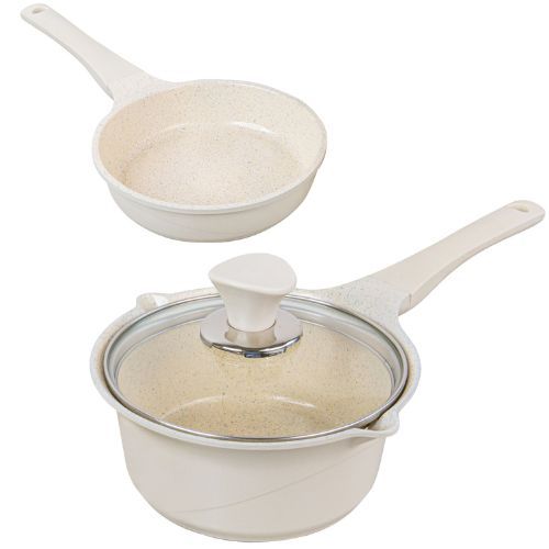Sauce Pot Non-Stick Stone Frypan Induction IH Frying Pan 16cm w/ Lid Set - Ivory