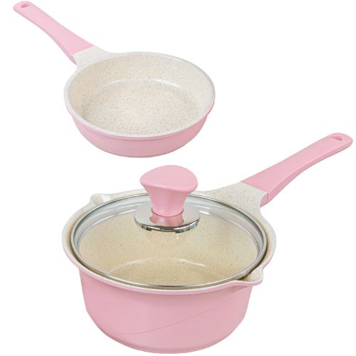 Sauce Pot Non-Stick Stone Frypan Induction IH Frying Pan 16cm w/ Lid Set - Pink
