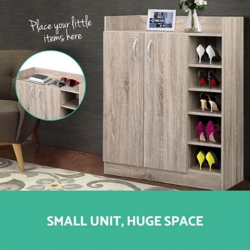 Shoe Cabinet Wood Storage Rack Shoes Organiser 2 Doors Shelf Cupboard Oak Artiss