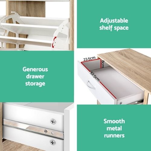 Shoe Cabinet Wood Storage Rack Shoes Organiser 2 Tier Adjustable Shelf Drawer