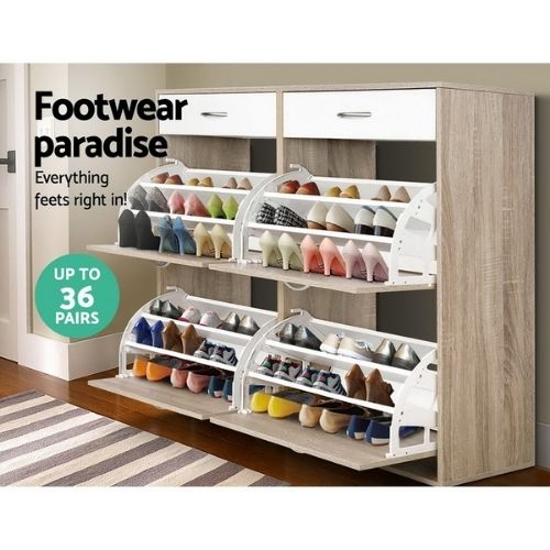 Shoe Cabinet Wood Storage Rack Shoes Organiser 2 Tier Adjustable Shelf Drawer