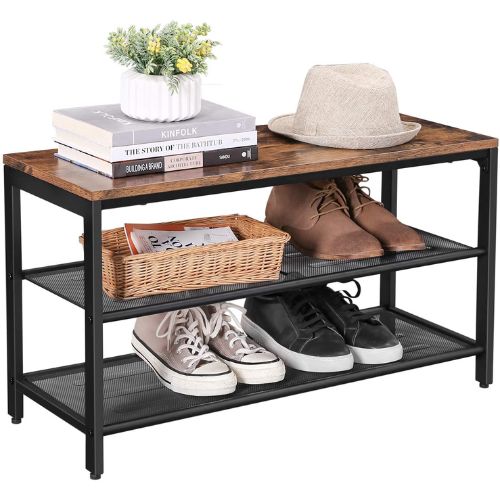 Shoe Rack Bench Storage Unit Organiser with 2 Mesh Shelves, Rustic Brown & Black