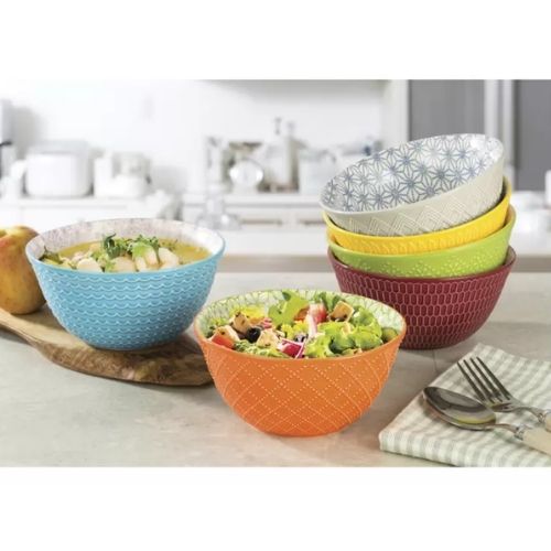 Signature Pad Print 6 Inch Bowls Stackable Round Stoneware Serving Bowl - 6 Pack