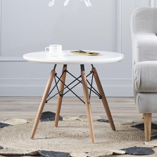 Simple Round Coffee Table Living Room Side Tables with Wooden Legs - White